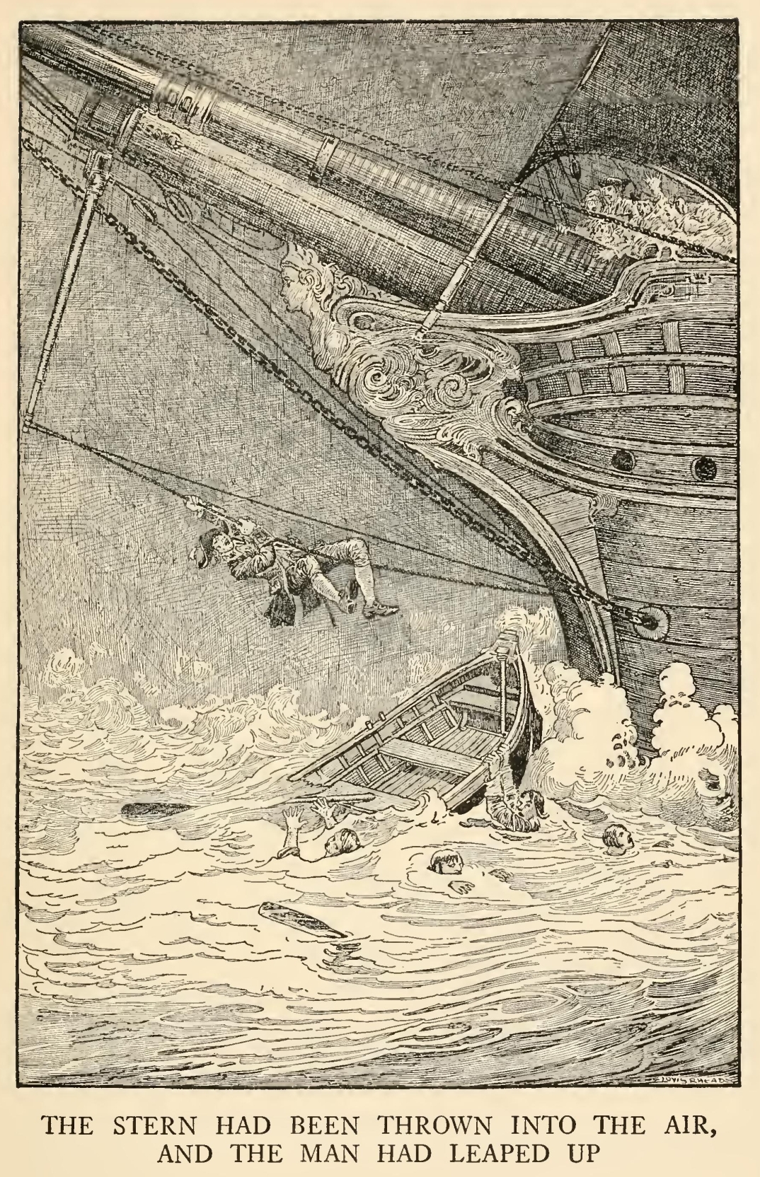 The stern had been thrown
into the air, and the man had leaped up