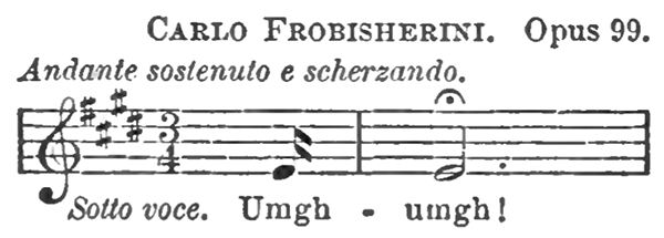 {A treble clef with the key signature of E major, in 3/4 time. “Umgh” is a 16th-note low E in the first measure, and “-umgh” in the second measure is a three-beat E, with a fermata above it.}