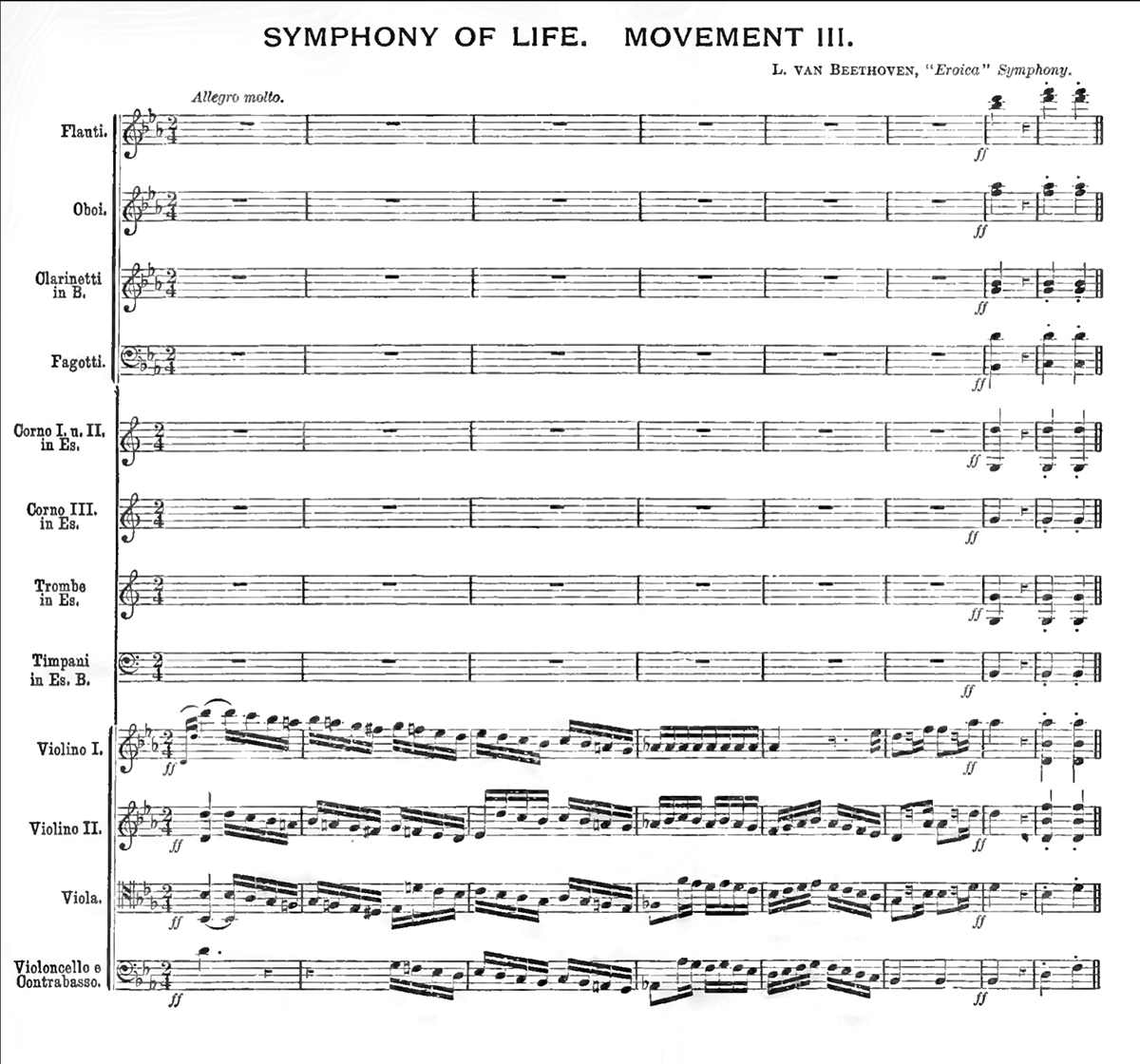 {Symphony of Life, Movement 1. The first page of the score of the third movement, Allegro molto, of Beethoven}